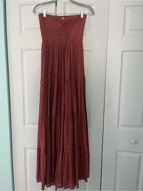 HYFVE Rust Red Strapless Smocked Tiered Maxi Dress